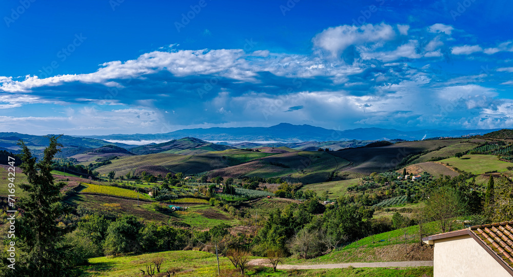 Panoramic view of the Tuscan countryside surrounding the town of San Casciano dei Bagni Siena Tuscany Italy
