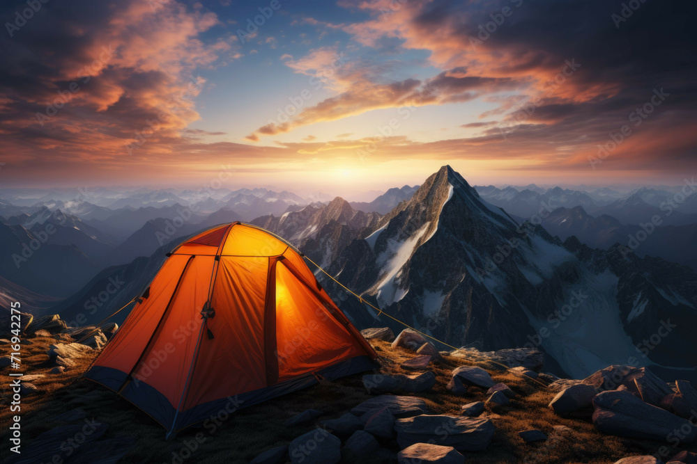 Tent on a mountain peak with sunset