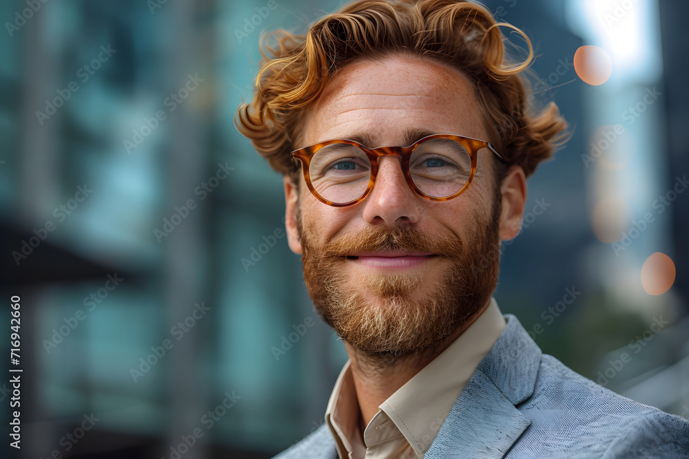 Young Succesful Confident Reliable Businessman against defocused office building background Young Succesful Confident Reliable Businessman against defocused office building background