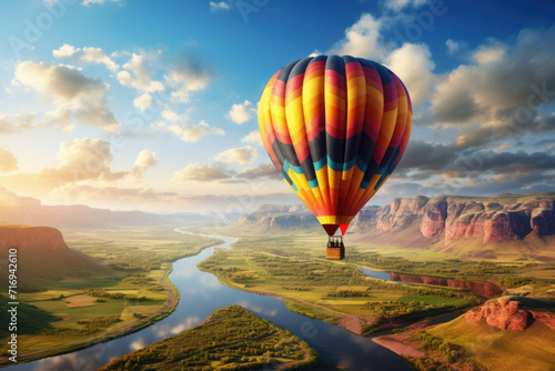 A hot air balloon soaring over a vast and colorful landscape.
