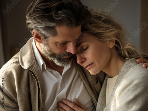 Close-up of a sad caucasian couple comforting and consoling each other.   