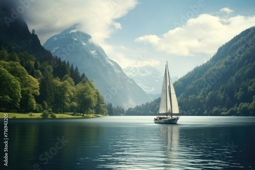 Sailboat on a tranquil lake with a scenic backdrop.
