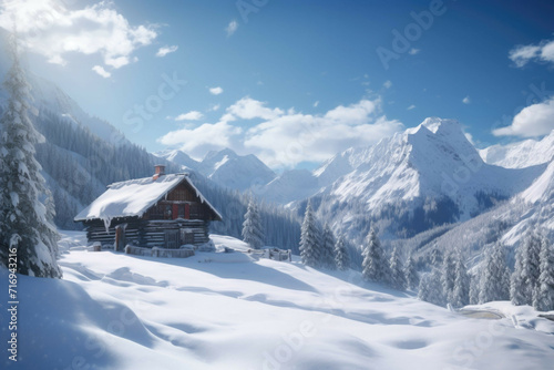 A cabin in the snow-covered mountains.