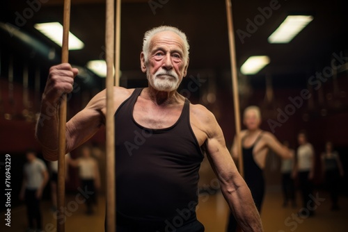 Portrait of a focused old man practicing pole dance in a studio. With generative AI technology