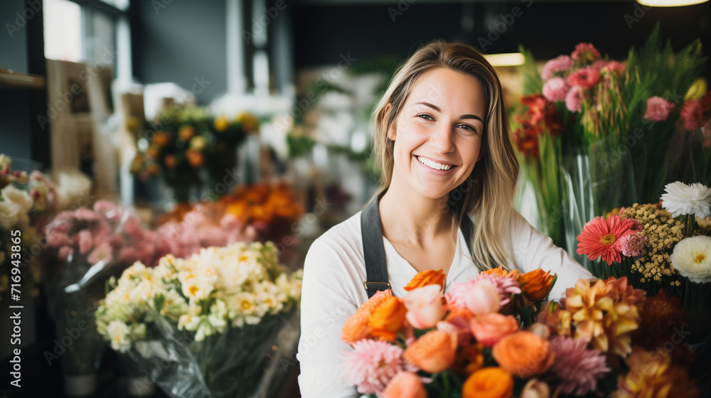 Cheerful young florist in apron holding a vibrant bouquet in a flower shop