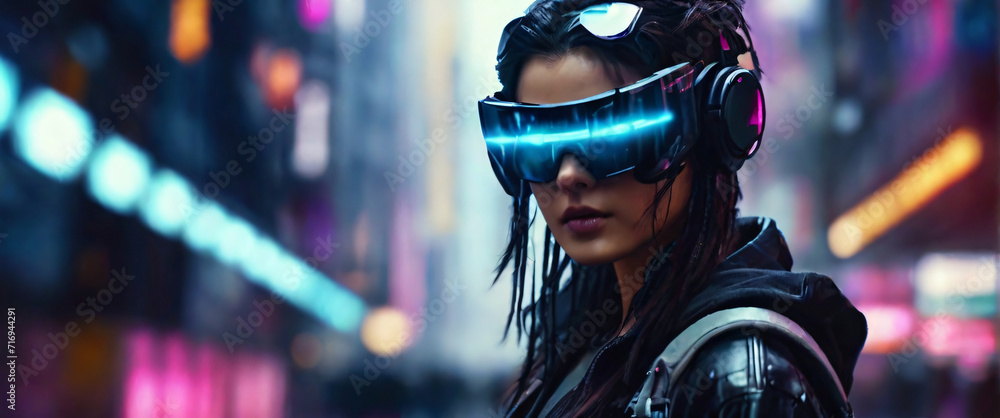 Virtual reality headset and controllers for gaming futuristic, cyberpunk-inspired capacity at night, with neon lights and holographic advertisements glowing brightly. Use a wide-angle lens technology