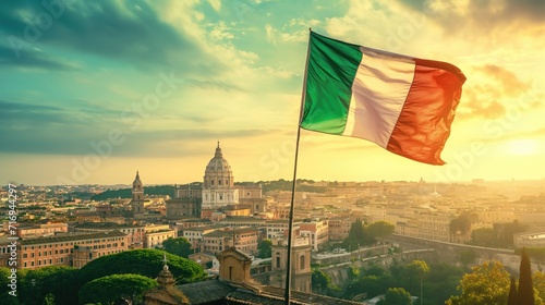 Waving flag of Italy against sunset golden hour Rome landscape