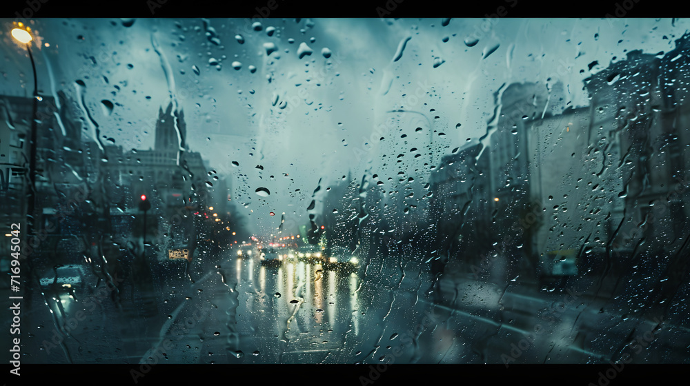 Rain in the City - Rainy evening at the urban road, overcast and raindrops - gloomy wet weather - obrazy, fototapety, plakaty 