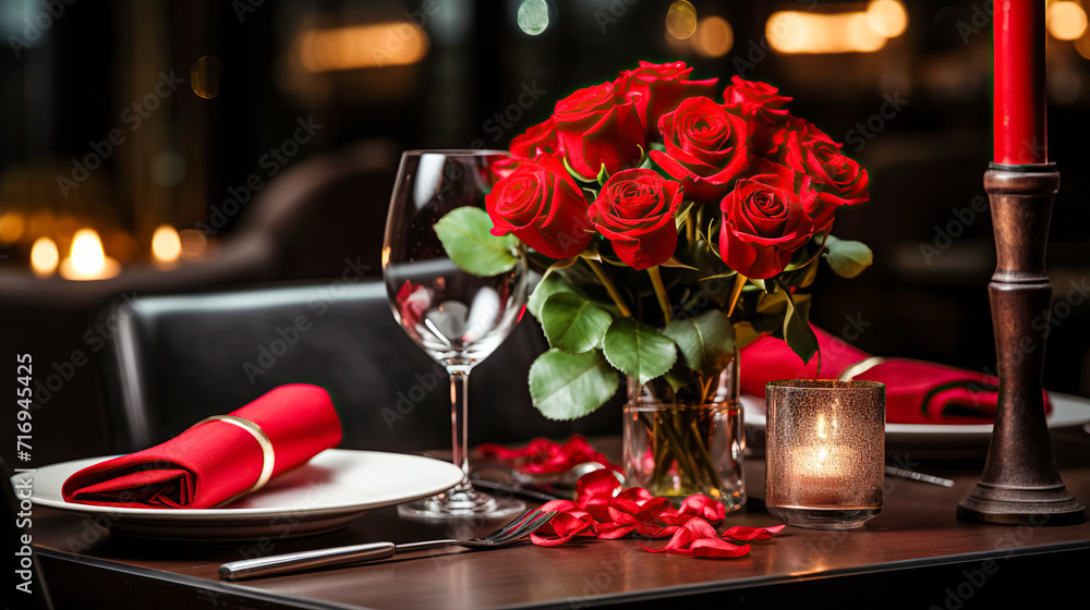 Festive table setting with elegant wine glasses and beautiful red roses on a Valentine's Day background Festive table setting with elegant wine glasses and beautiful red roses on a Valentine's Day background