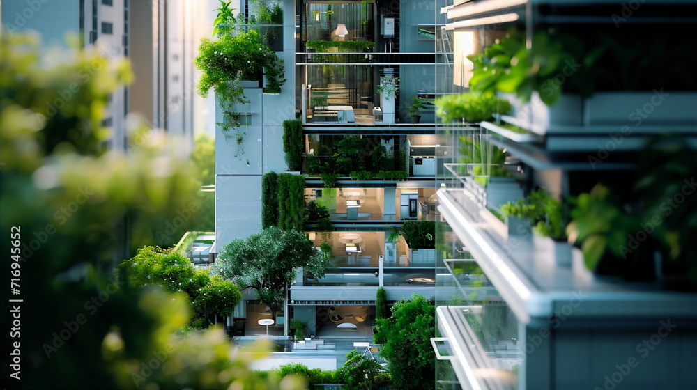 A hyper-efficient eco-tower that utilizes advanced technologies, such as smart grids and energy-efficient appliances, to reduce its energy consumption - obrazy, fototapety, plakaty 