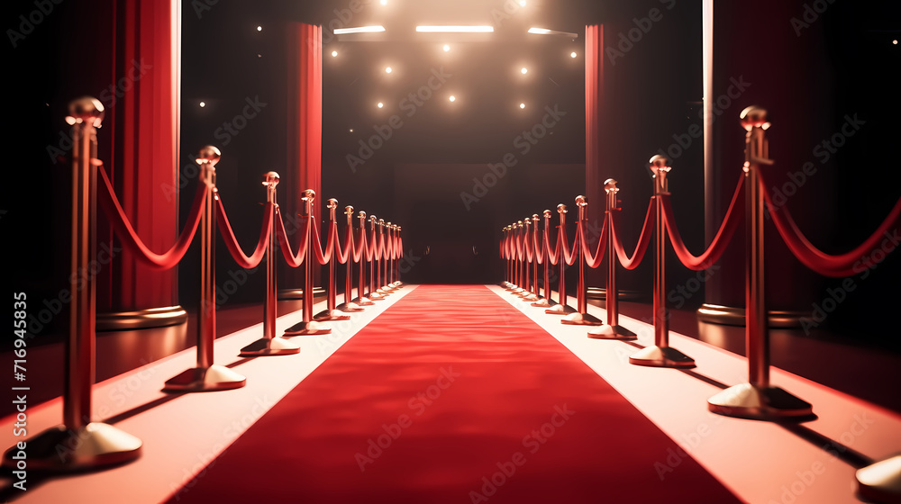 Red carpet staircase with smoke and spotlights, holiday awards ceremony event Red carpet staircase with smoke and spotlights, holiday awards ceremony event