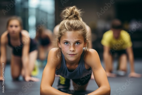 Portrait of an active kid female doing a hiit class in a gym. With generative AI technology