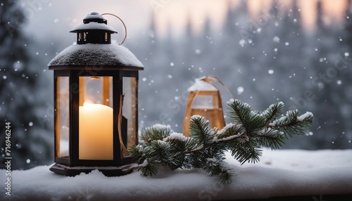 christmas lantern in the snow A cozy Christmas with a lantern and a fir tree branch. The lantern is glowing and warm  © Jared
