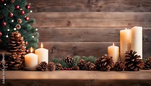 christmas still life with candles and cones A cozy Christmas with a wooden background and a pine cone border. The background is made of wood log   photo