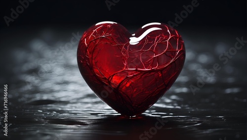 Red glass heart on black background