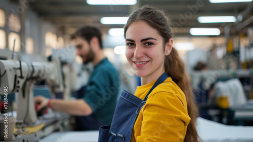 young woman smiling at the camera, wearing a yellow shirt and blue apron, in a manufacturing setting