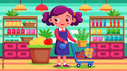 Happy young woman shopping for groceries in a colorful supermarket