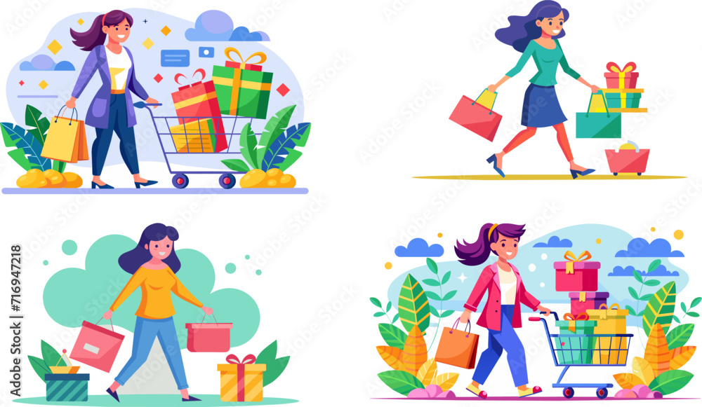 Colorful vector illustrations of women enjoying shopping with gift bags and shopping carts