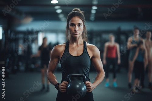 Portrait of a tired girl in her 30s doing kettlebell exercises in a gym. With generative AI technology © Markus Schröder