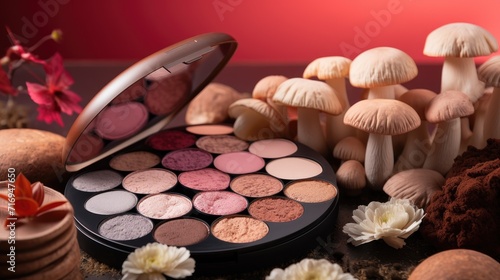 Makeup cosmetic product and mushrooms, vegan eyeshadow with mushroom fresh cosmetic colors, natural colorants made mushrooms. Shroom boom in skincare, Fungi-based ingredients, mushroom extracts