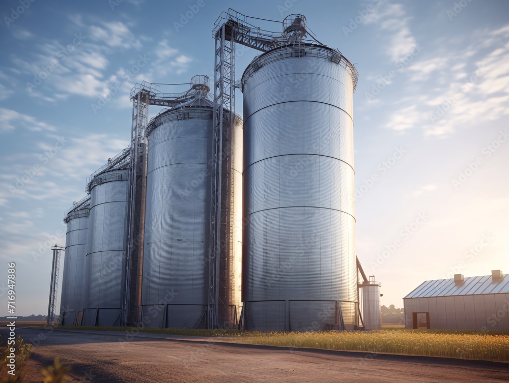 Modern silos for storing grain harvest. Agriculture concept.