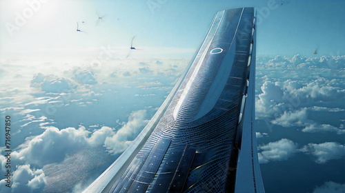 A sleek, futuristic skyscraper that harnesses renewable energy sources, such as solar panels and wind turbines, seamlessly integrated into its design photo