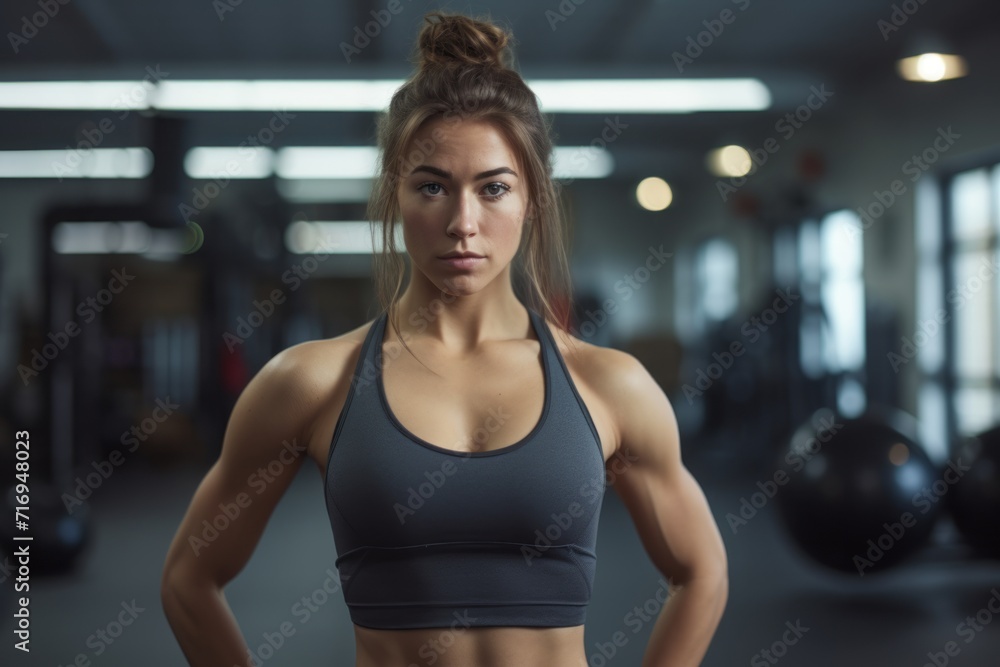 Portrait of a determined girl in her 20s doing kettlebell exercises in a gym. With generative AI technology