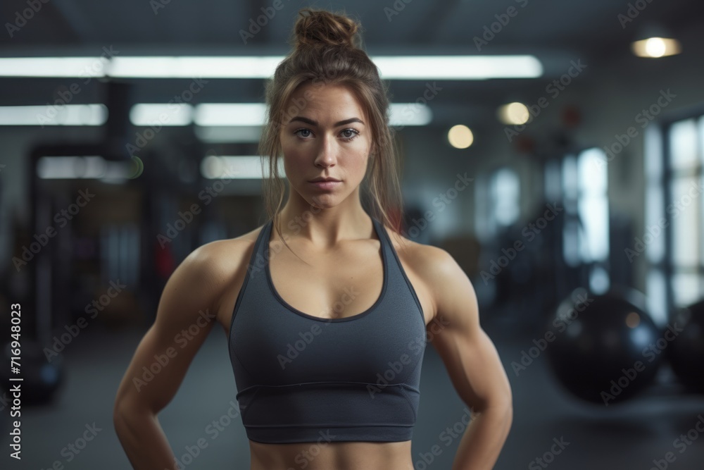 Fototapeta premium Portrait of a determined girl in her 20s doing kettlebell exercises in a gym. With generative AI technology