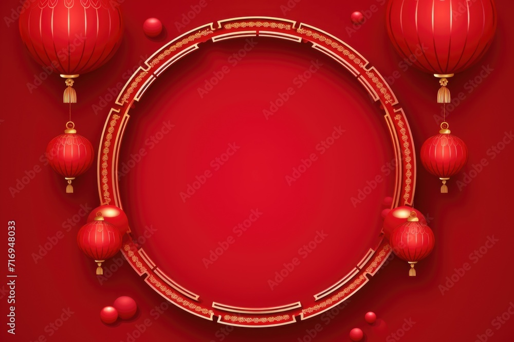 Round gold frame on red background with lanterns and flowers. Copy space. Mockup for Chinese New Year. Round gold frame on red background with lanterns and flowers. Copy space. Mockup for Chinese New Year.
