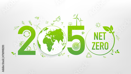 Net zero by 2050. Net zero greenhouse gas emissions target. Climate neutral long term strategy. No toxic gases, Vector illustration