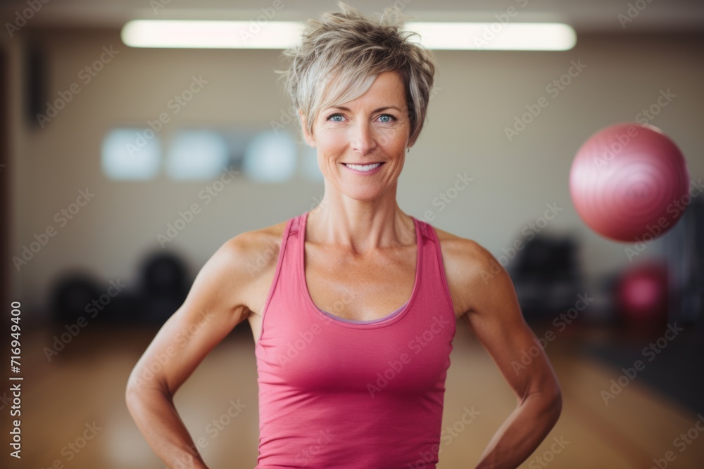 Portrait of a handsome mature woman doing swiss ball exercises in an empty room. With generative AI technology Portrait of a handsome mature woman doing swiss ball exercises in an empty room. With generative AI technology