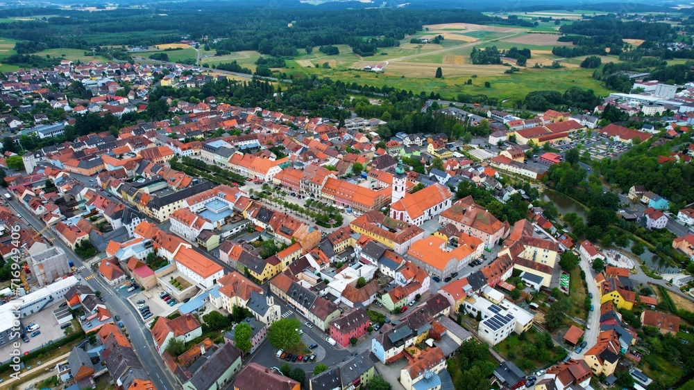 Aerial view around the city Tirschenreuth on a cloudy afternoon in late Spring in Germany