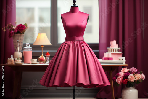 Elegant evening burgundy dress on mannequin in the salon