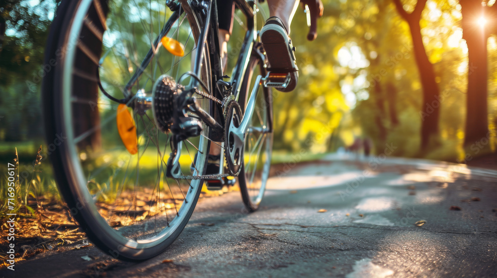 close-up of a person riding a bicycle on a sunlit path through a lush green forest - obrazy, fototapety, plakaty 