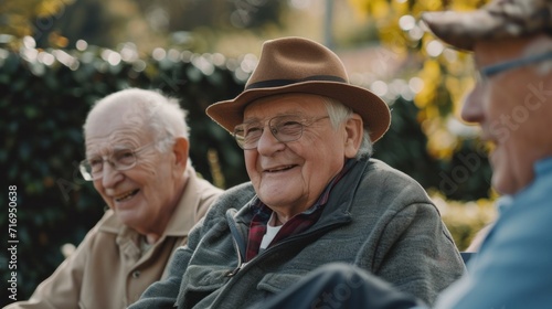 Three old friends sitting on a wooden bench in park and talking to each other