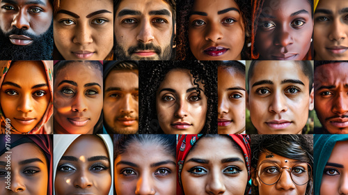 A photo collage of diverse human faces celebrating multiculturalism and the beauty of human diversity. photo