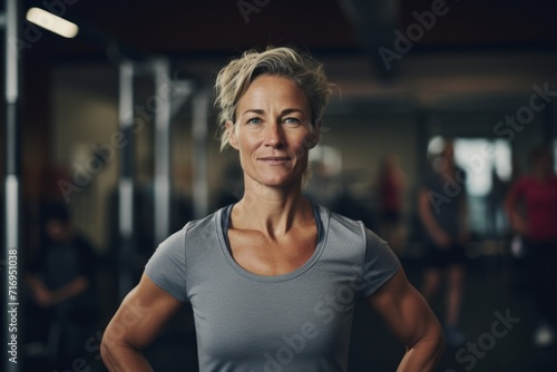 Portrait of a tired mature woman doing plyometric exercises in a gym. With generative AI technology