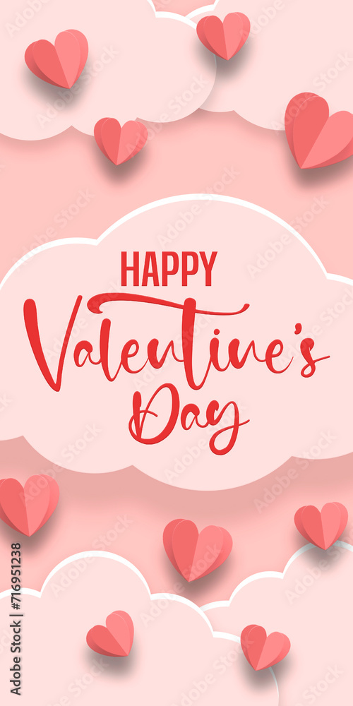 Pink background with red hearts and clouds. Concept, banner, mockup, template, Valentine's Day. Copy space.