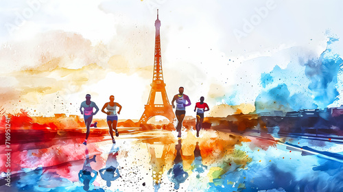 Runners with Eiffel Tower in watercolor style. Olympic games in Paris concept.