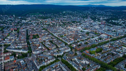 Aerial view around the city Wiesbaden on a cloudy afternoon in late Spring in Germany