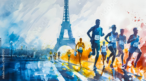 Watercolor painting of Olympic games runners in Paris.