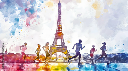 Athletes running by the Eiffel Tower painting. Olympic games concept.