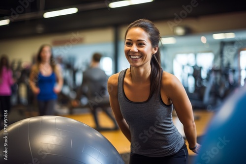 Portrait of a satisfied girl in her 30s doing bosu ball exercises in a gym. With generative AI technology © Markus Schröder
