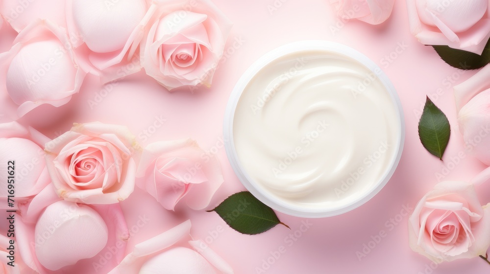 Jar of facial cream and flower roses. Skin care or hair care cosmetics product and rose flower on pink background. Natural beauty products with rose extract for face skin care concept. Space for text Jar of facial cream and flower roses. Skin care or hair care cosmetics product and rose flower on pink background. Natural beauty products with rose extract for face skin care concept. Space for text