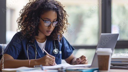 female medical professional wearing scrubs and glasses, focused on writing notes in a book photo