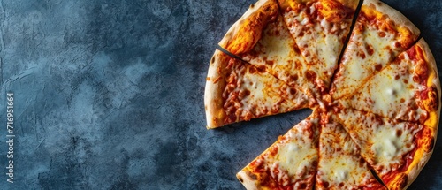 Four Cheese Pizza on a wooden background. Top view with copy space. Quattro Formaggi Pizza. Four cheese Pizza. Cheese Pull. Pizza on a Background with copyspace.