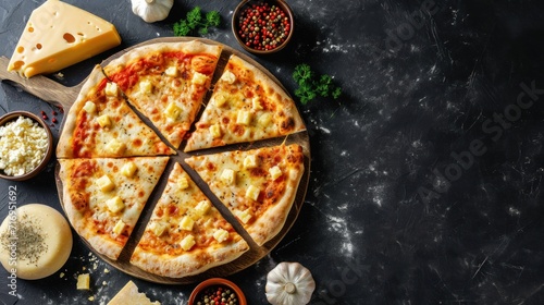 Four Cheese Pizza on a wooden background. Top view with copy space. Quattro Formaggi Pizza. Four cheese Pizza. Cheese Pull. Pizza on a Background with copyspace.