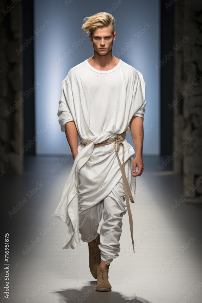 model walks fashion catwalk runway show, Fashion Week, casual flowing outfit white top free trousers