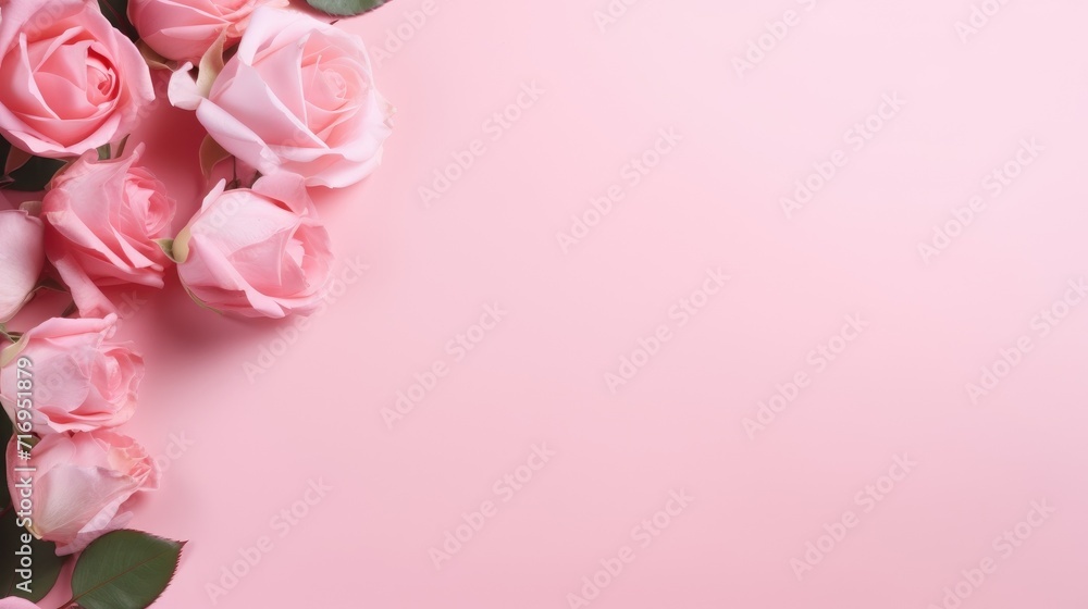 rose flower on pink background. banner, space for text, for product display. Flat lay, top view, copy space. Mother's Day celebration, Valentine's Day