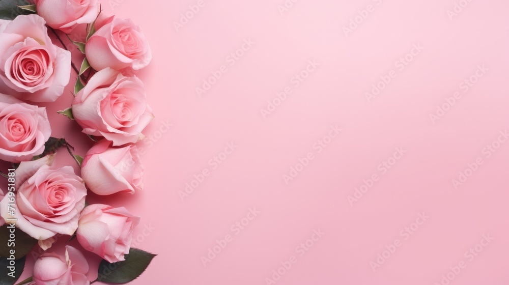 rose flower on pink background. banner, space for text, for product display. Flat lay, top view, copy space. Mother's Day celebration, Valentine's Day